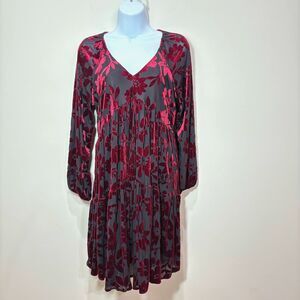 Red Floral Velvet Burnout Babydoll Dress Women 6 Longsleeve Tiered Whimsigoth